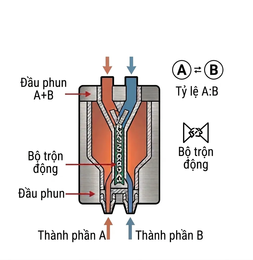 dau phun va tron keo hai thanh phan cua may do keo tu dong sec-s3030-l