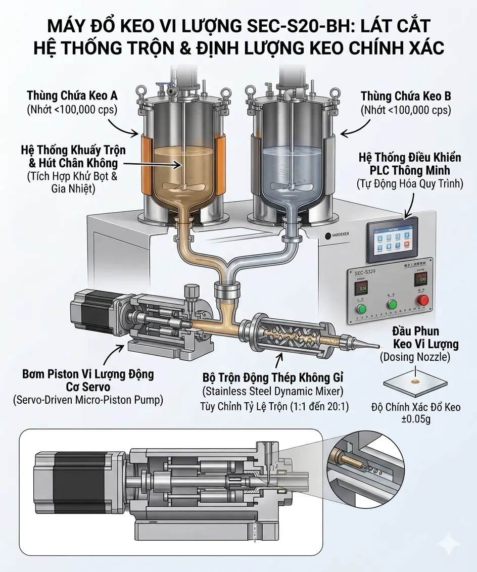 Hệ thống trộn và định lượng keo trên Máy đổ keo SEC-S20-BH he thong tron va dinh luong keo tren may do keo vi luong sec-s20-bh